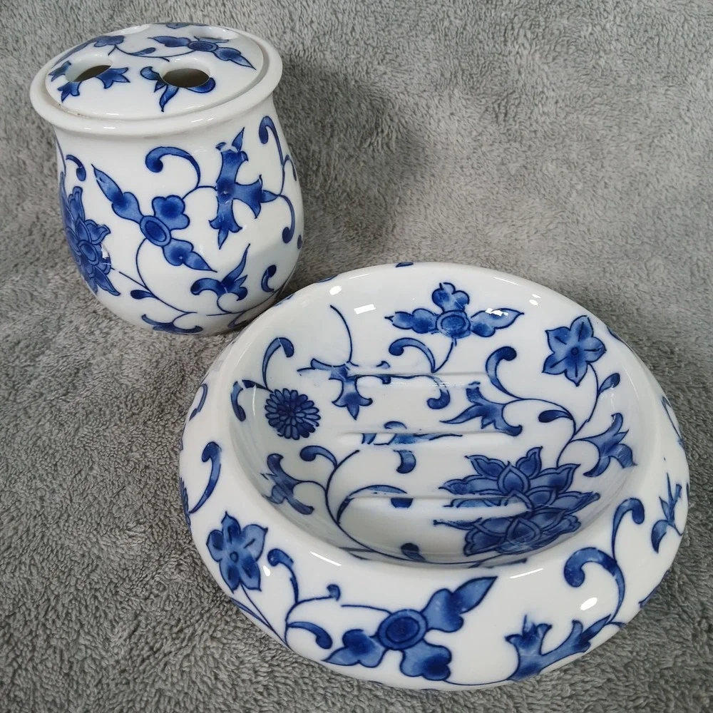 Vintage Bathroom Set  Soap Dish & Toothbrush Holder Blue Floral Porcelain Decor